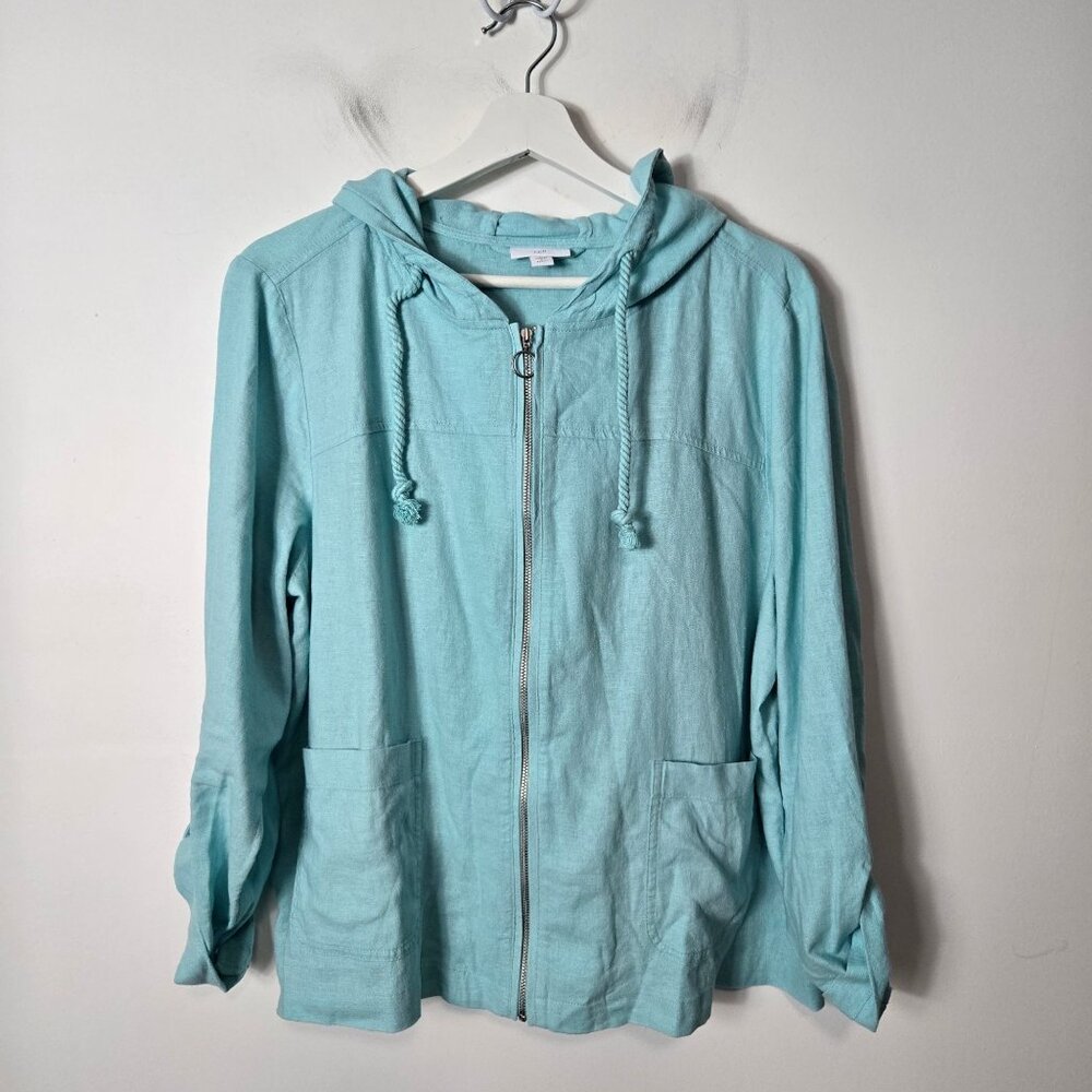 J. Jill Size L Petite Linen Blend Full-Zip Hooded Roll-Tab Sleeve Jacket Aqua
